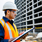 A professional construction safety engineer, fully clothed in a bright safety vest, hard hat, and safety glasses over a modest professional uniform, carefully observing a bustling modern construction site. In the background, a large building is under construction, with neatly organized tools and materials, and clearly visible safety nets and railings. The engineer holds a clipboard, overseeing operations. This image embodies professional photography, high detail, sharp focus, and natural lighting. safe for work, appropriate content, fully clothed, professional dress, perfect anatomy, correct proportions, natural pose, well-formed hands, proper finger count, natural body proportions.