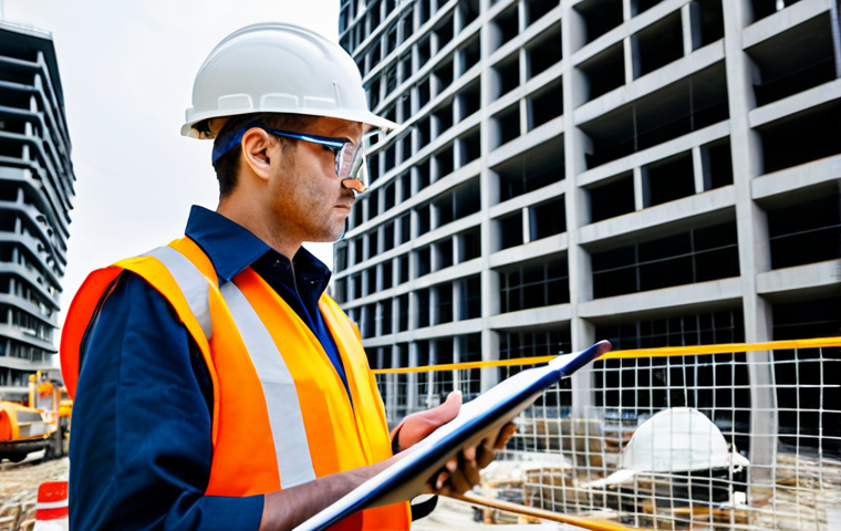 A professional construction safety engineer, fully clothed in a bright safety vest, hard hat, and safety glasses over a modest professional uniform, carefully observing a bustling modern construction site. In the background, a large building is under construction, with neatly organized tools and materials, and clearly visible safety nets and railings. The engineer holds a clipboard, overseeing operations. This image embodies professional photography, high detail, sharp focus, and natural lighting. safe for work, appropriate content, fully clothed, professional dress, perfect anatomy, correct proportions, natural pose, well-formed hands, proper finger count, natural body proportions.
