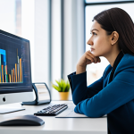 A professional individual, fully clothed in a modest business casual outfit, sits at a modern workstation in a brightly lit, contemporary office. The person is focused on dual computer monitors displaying complex data visualizations and analytical charts. In the background, subtly blurred, a framed blueprint or a miniature model of a modern building hints at a previous industry connection. The individual's pose is natural and engaged, reflecting deep thought and analysis. Perfect anatomy, correct proportions, natural pose, well-formed hands, proper finger count, natural body proportions. The scene is safe for work, appropriate content, professional, and family-friendly, rendered in high-quality professional photography with sharp focus and clean lines.