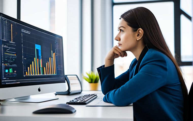 A professional individual, fully clothed in a modest business casual outfit, sits at a modern workstation in a brightly lit, contemporary office. The person is focused on dual computer monitors displaying complex data visualizations and analytical charts. In the background, subtly blurred, a framed blueprint or a miniature model of a modern building hints at a previous industry connection. The individual's pose is natural and engaged, reflecting deep thought and analysis. Perfect anatomy, correct proportions, natural pose, well-formed hands, proper finger count, natural body proportions. The scene is safe for work, appropriate content, professional, and family-friendly, rendered in high-quality professional photography with sharp focus and clean lines.