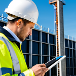 A professional safety engineer, fully clothed in a reflective safety vest and hard hat, stands on a modern construction site. They are holding a tablet displaying real-time data from IoT sensors embedded in the equipment and from drones performing aerial inspections. The background shows a partially built sustainable green building under a clear sky, with other workers in appropriate safety gear diligently working. Perfect anatomy, correct proportions, natural pose, well-formed hands, proper finger count, natural body proportions. Professional photography, high detail, realistic, sharp focus, safe for work, appropriate content, modest clothing, family-friendly.