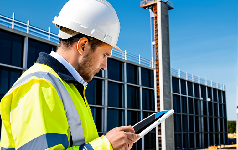 A professional safety engineer, fully clothed in a reflective safety vest and hard hat, stands on a modern construction site. They are holding a tablet displaying real-time data from IoT sensors embedded in the equipment and from drones performing aerial inspections. The background shows a partially built sustainable green building under a clear sky, with other workers in appropriate safety gear diligently working. Perfect anatomy, correct proportions, natural pose, well-formed hands, proper finger count, natural body proportions. Professional photography, high detail, realistic, sharp focus, safe for work, appropriate content, modest clothing, family-friendly.