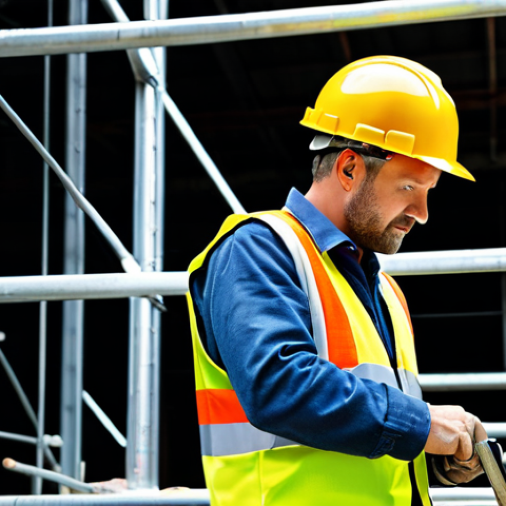 건설안전 실무 경험을 공유하는 방법 - "A construction worker wearing a hard hat and safety vest, fully clothed, inspecting scaffolding on ...