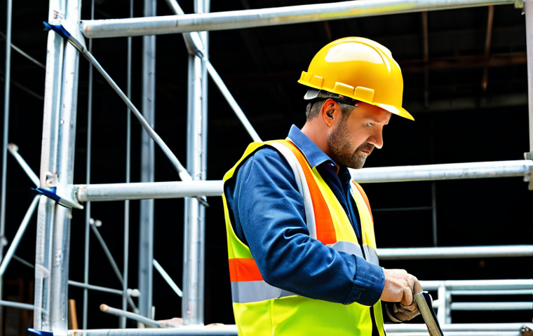 건설안전 실무 경험을 공유하는 방법 - "A construction worker wearing a hard hat and safety vest, fully clothed, inspecting scaffolding on ...
