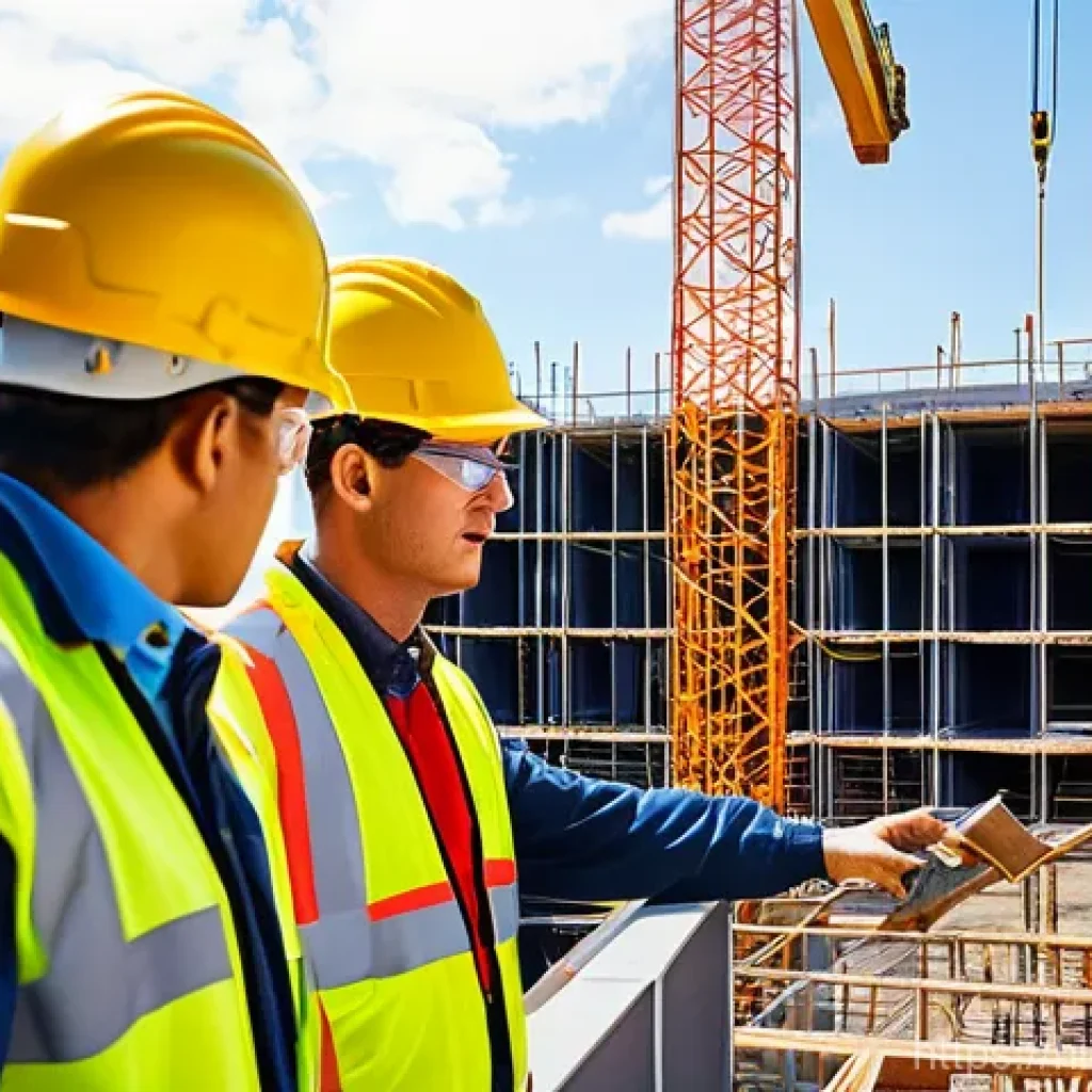건설안전기사와 연관된 실무 자격증 - **Prompt:** A group of diverse construction workers, men and women, meticulously inspecting a robust...