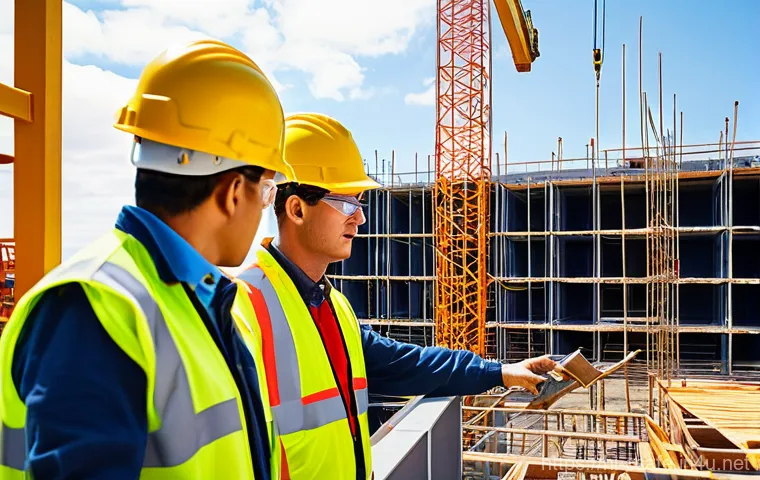 건설안전기사와 연관된 실무 자격증 - **Prompt:** A group of diverse construction workers, men and women, meticulously inspecting a robust...