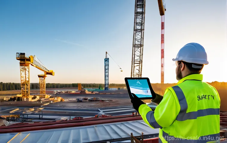 건설안전기사와 관련된 산업 이벤트 참석하기 - **Prompt 1: Futuristic Construction Site with Integrated Safety Tech**
    A dynamic, wide-angle sho...