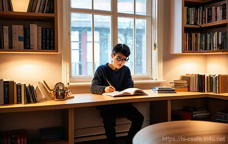 건설안전기사 수험생의 추천 학습법 - **Prompt 1: Focused Student in a Cozy Study Nook**
    "A young person, approximately 18-22 years ol...