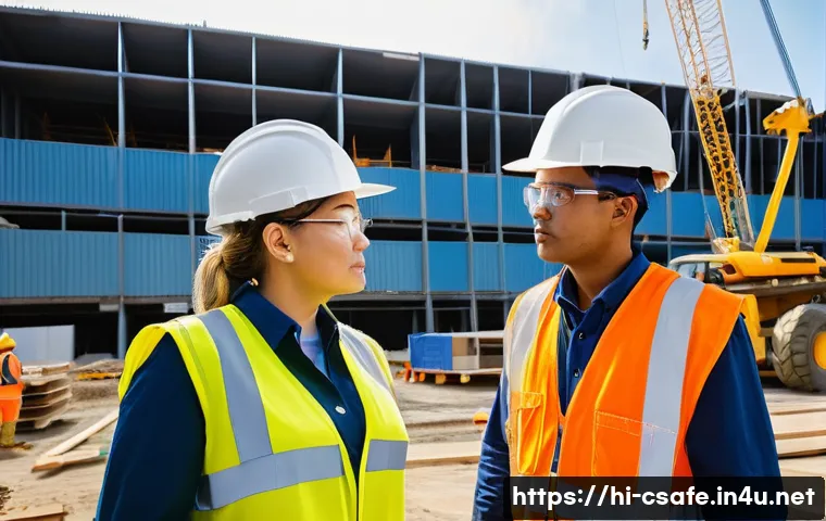 건설안전관리자의 하루 일과 - **Prompt:** A vivid, realistic photograph depicting a diverse group of construction workers, both ma...