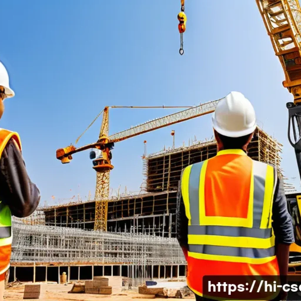 건설안전기사 대비 중점 과목별 학습법 - A busy Indian construction site during daytime, featuring workers wearing bright safety helmets, ref...