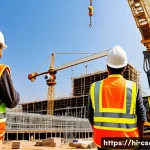 건설안전기사 대비 중점 과목별 학습법 - A busy Indian construction site during daytime, featuring workers wearing bright safety helmets, ref...