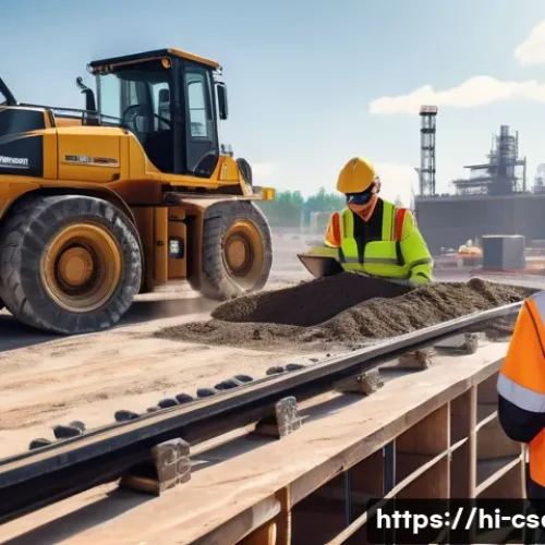 건설안전 실무에서의 스마트 기술 활용 - A detailed construction site scene featuring multiple smart sensors installed on heavy machinery and...