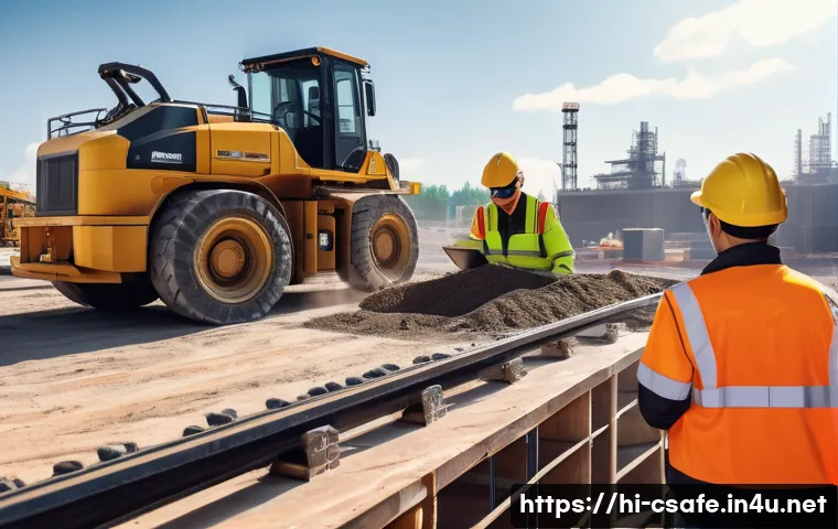 건설안전 실무에서의 스마트 기술 활용 - A detailed construction site scene featuring multiple smart sensors installed on heavy machinery and...