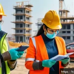 건설안전기사 실기에서 평가 기준 이해하기 - A detailed construction site scene showing diverse workers wearing full personal protective equipmen...