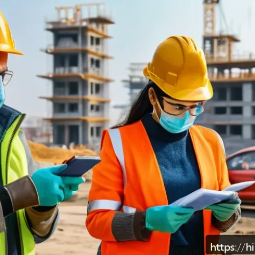 건설안전기사 실기에서 평가 기준 이해하기 - A detailed construction site scene showing diverse workers wearing full personal protective equipmen...