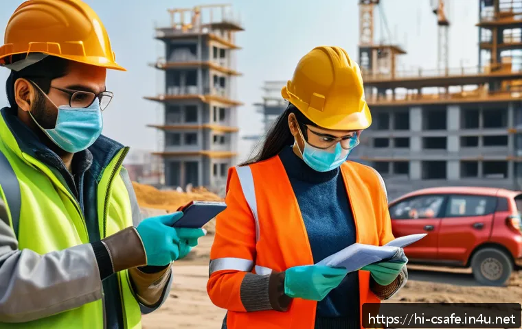 건설안전기사 실기에서 평가 기준 이해하기 - A detailed construction site scene showing diverse workers wearing full personal protective equipmen...