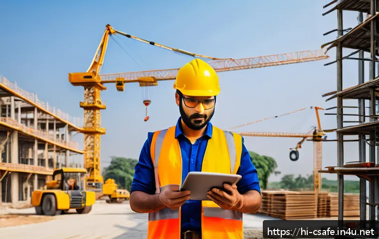 건설안전기사 자격증의 합격률 높이는 비법 - A detailed construction site scene in India showing workers wearing high-quality safety gear includi...