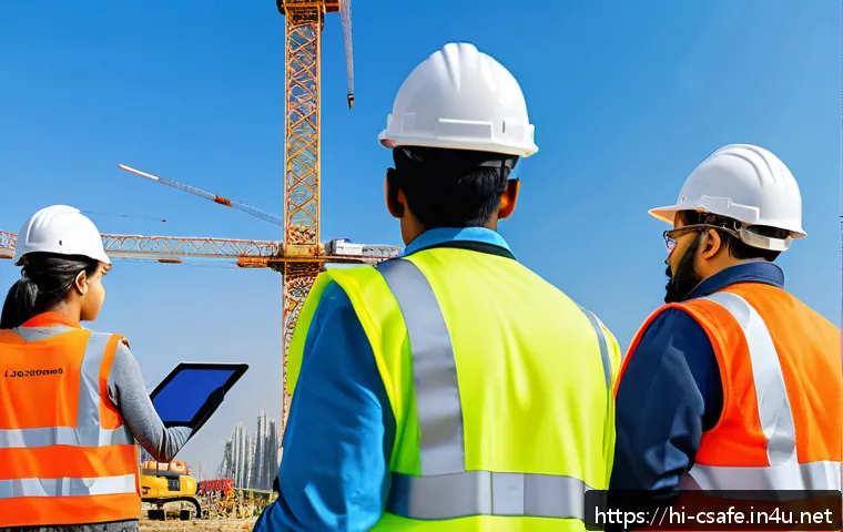 건설안전기사 자격증으로 업계 인맥 쌓는 법 - A professional construction site scene showing a diverse group of engineers and safety inspectors we...