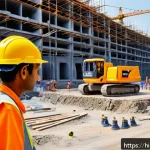 건설안전기사로 성공한 전문가 인터뷰 - A busy construction site in India featuring workers wearing advanced smart safety gear including GPS...