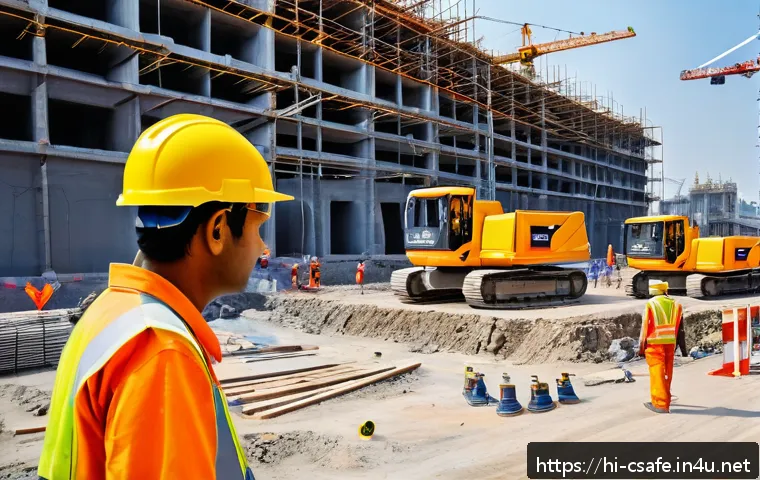 건설안전기사로 성공한 전문가 인터뷰 - A busy construction site in India featuring workers wearing advanced smart safety gear including GPS...